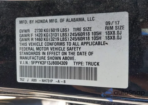 2018 Honda Ridgeline Sport из США, поврежденный, VIN 5FPYK3F13JB004309